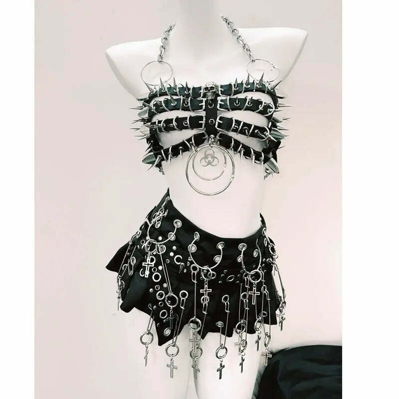 Y2K Fashion Halter Mini Skirt Set with O-Ring Rivet Applique - Grunge Aesthetic Vibes