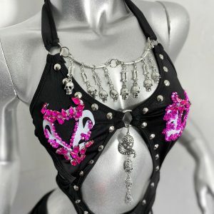 Y2K Fashion Halter O-Ring Rivet Bodysuit with Cargo Skirt - Grunge Aesthetic Outfit