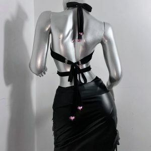Y2K Fashion Halter O-Ring Rivet Bodysuit with Cargo Skirt - Grunge Aesthetic Outfit