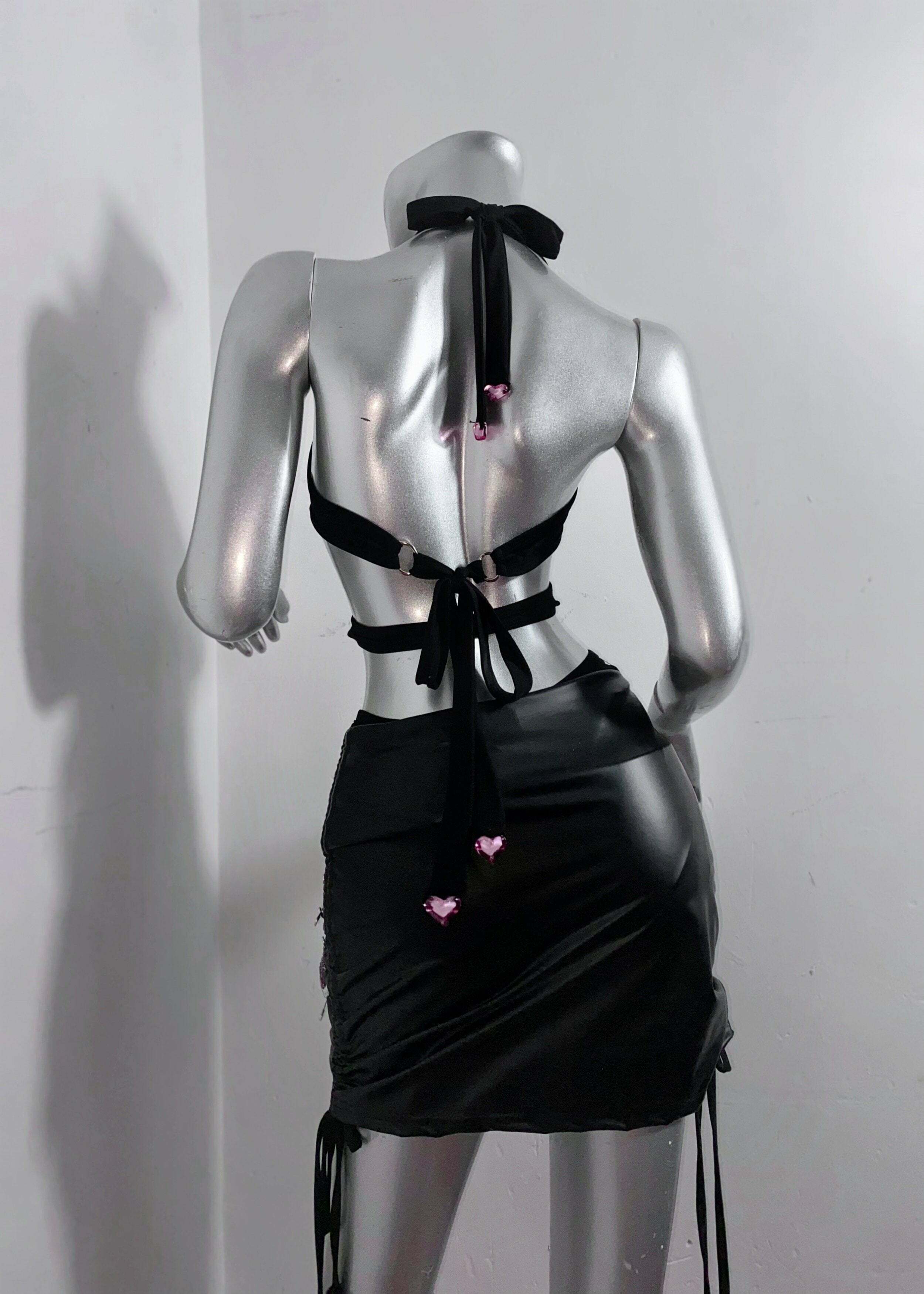 Y2K Fashion Halter O-Ring Rivet Bodysuit with Cargo Skirt - Grunge Aesthetic Outfit