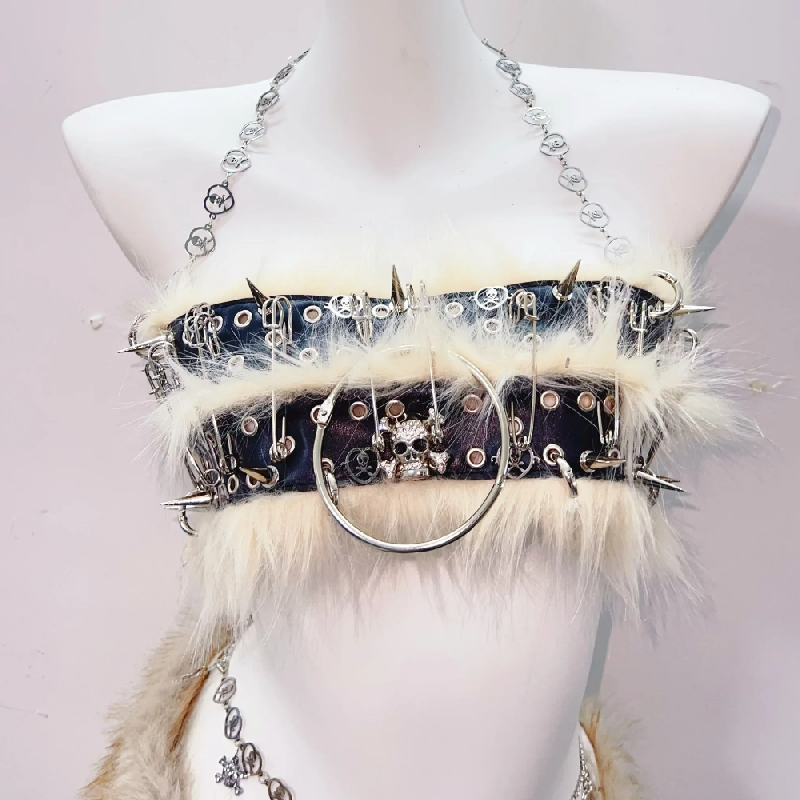 Y2K Fashion Halter Skull Applique Mini Skirt Set with O-Ring & Fluffy Details