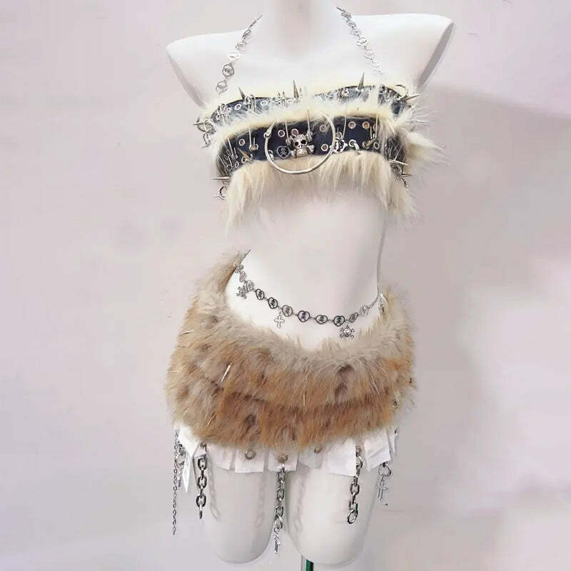 Y2K Fashion Halter Skull Applique Mini Skirt Set with O-Ring & Fluffy Details