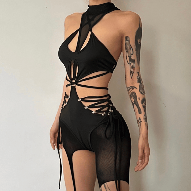 Y2K Fashion High Neck O-Ring Lace-Up Bodysuit with Hollow Out Gloves for Grunge Aesthetic