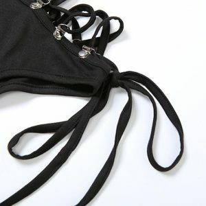 Y2K Fashion High Neck O-Ring Lace-Up Bodysuit with Hollow Out Gloves for Grunge Aesthetic