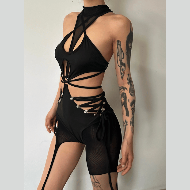 Y2K Fashion High Neck O-Ring Lace-Up Bodysuit with Hollow Out Gloves for Grunge Aesthetic
