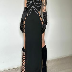 Y2K Fashion Hollow Out Lace Up High Neck Dress - Grunge Aesthetic & Coquette Style
