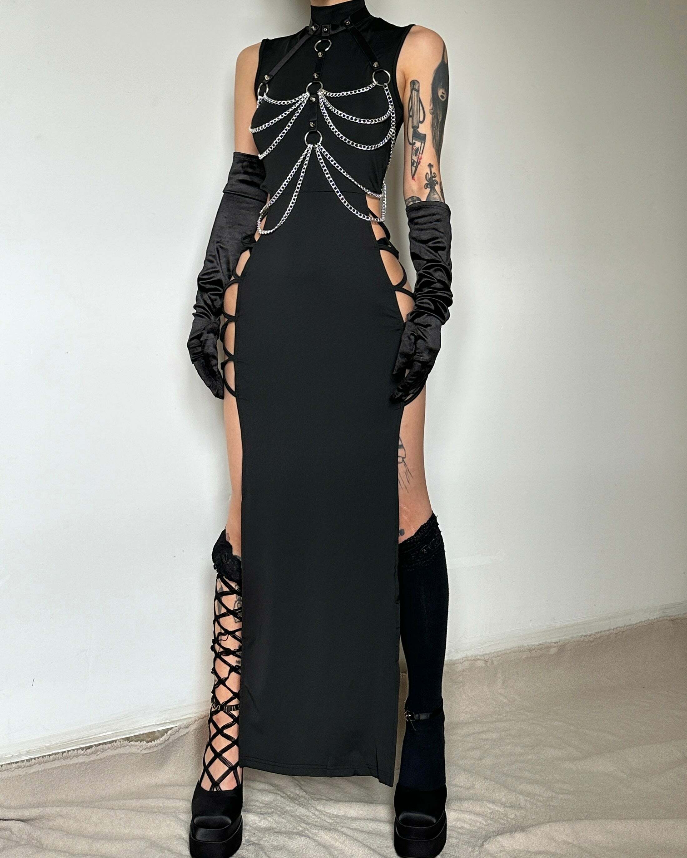 Y2K Fashion Hollow Out Lace Up High Neck Dress - Grunge Aesthetic & Coquette Style