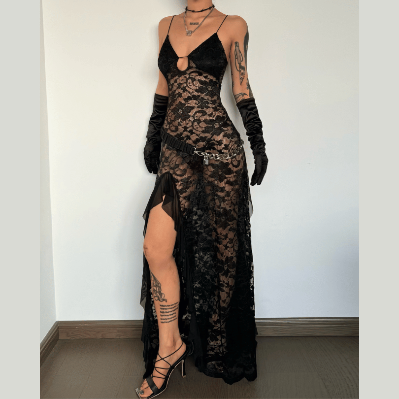 Y2K Fashion Hollow Out V Neck Lace Slit Spaghetti Strap Maxi Dress for Aesthetic Outfits