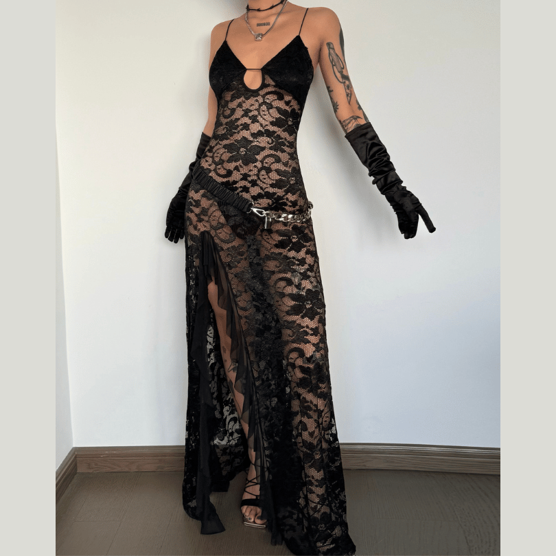 Y2K Fashion Hollow Out V Neck Lace Slit Spaghetti Strap Maxi Dress for Aesthetic Outfits