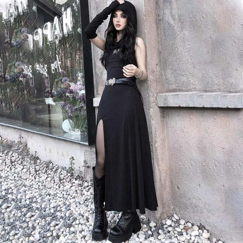 Y2K Fashion Irregular Slit Letter Pattern Hoodie Belt Maxi Dress - Grunge Aesthetic Style