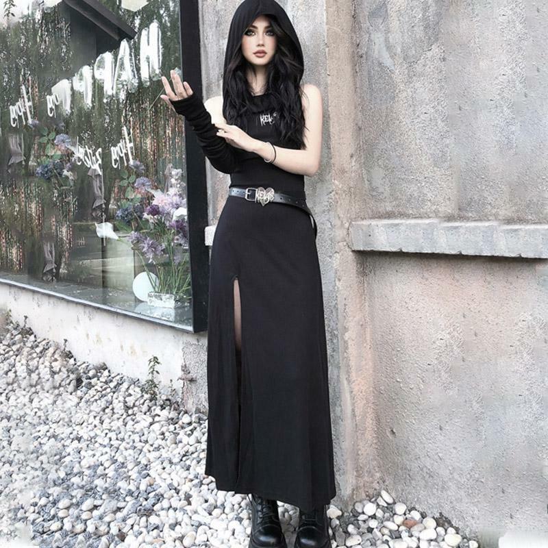 Y2K Fashion Irregular Slit Letter Pattern Hoodie Belt Maxi Dress - Grunge Aesthetic Style
