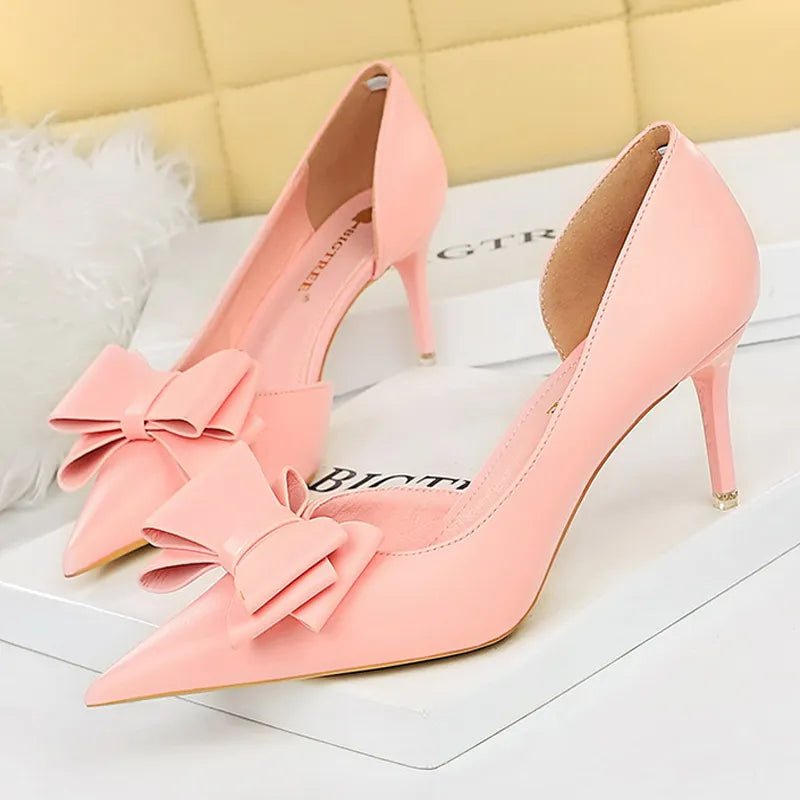 Y2K Fashion Pu Leather Kitten Heels with Bowknot - Stylish Stiletto Heels for Aesthetic Outfits