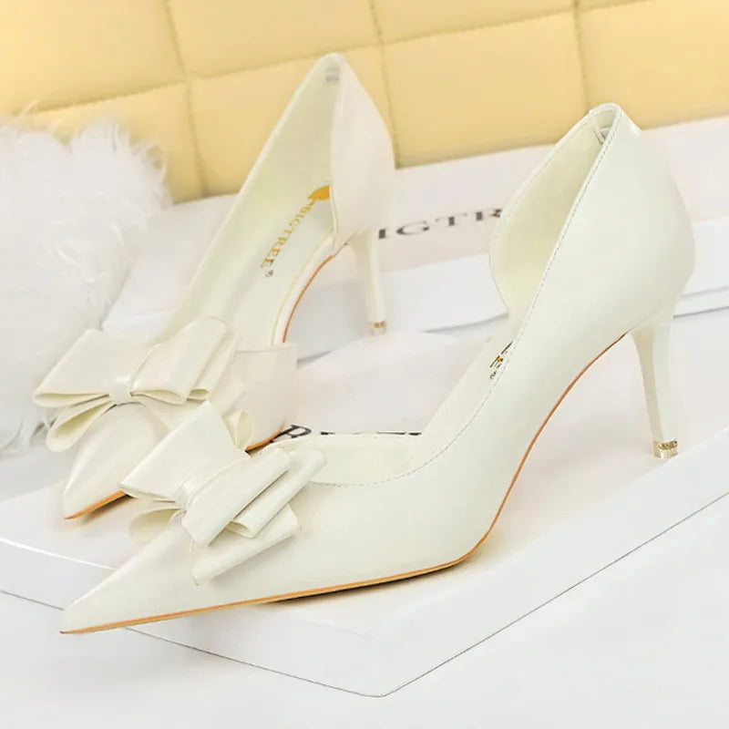 Y2K Fashion Pu Leather Kitten Heels with Bowknot - Stylish Stiletto Heels for Aesthetic Outfits