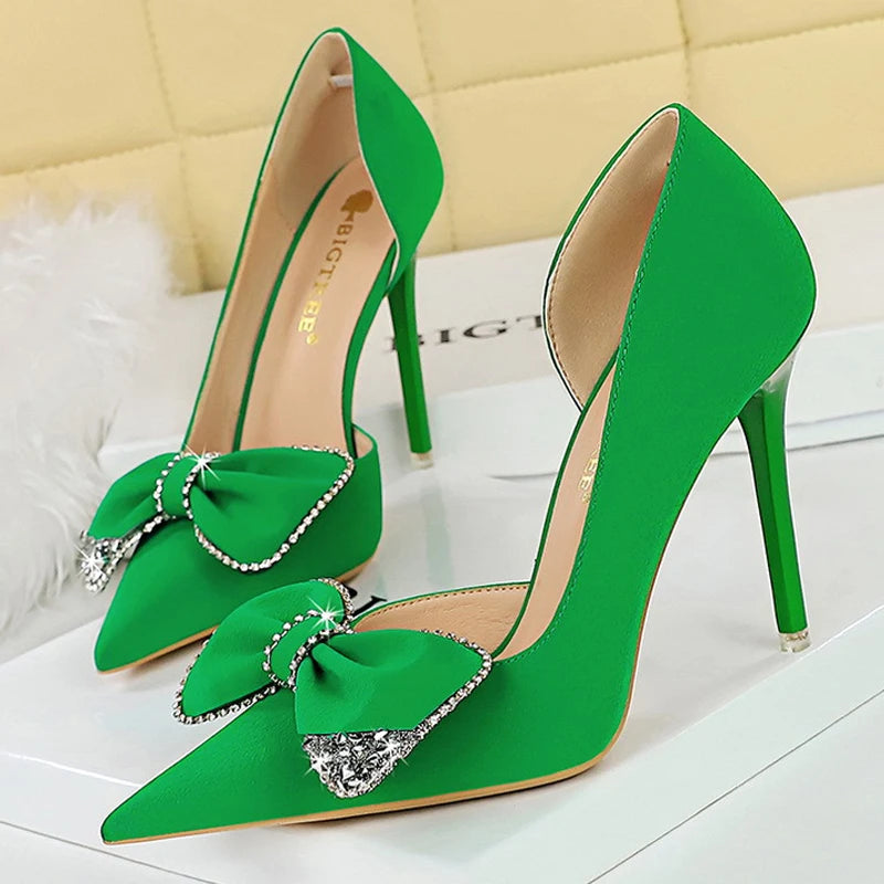 Y2K Fashion Rhinestone Bow High Heels - Cute Pumps for Coquette Aesthetic & Grunge Style