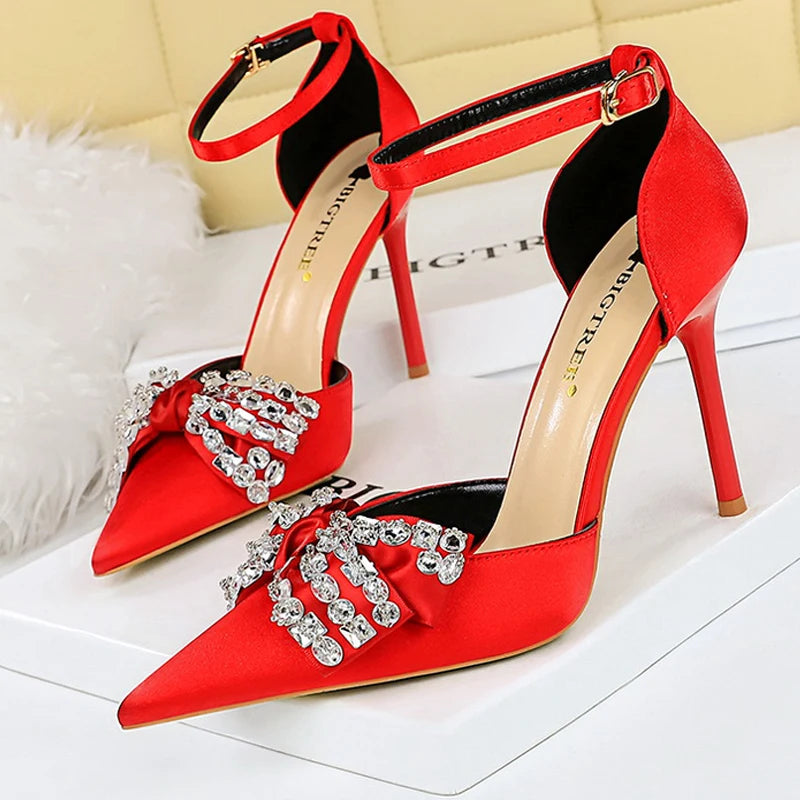 Y2K Fashion Rhinestone Bow High Heels - Cute Pumps for Coquette Aesthetic & Grunge Style