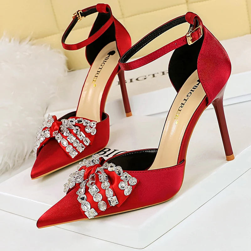 Y2K Fashion Rhinestone Bow High Heels - Cute Pumps for Coquette Aesthetic & Grunge Style
