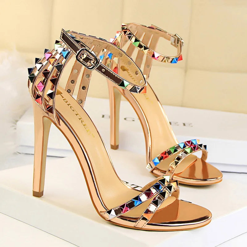Y2K Fashion Rivet High Heels - Roman Style Stiletto Sandals for Grunge & Coquette Aesthetic