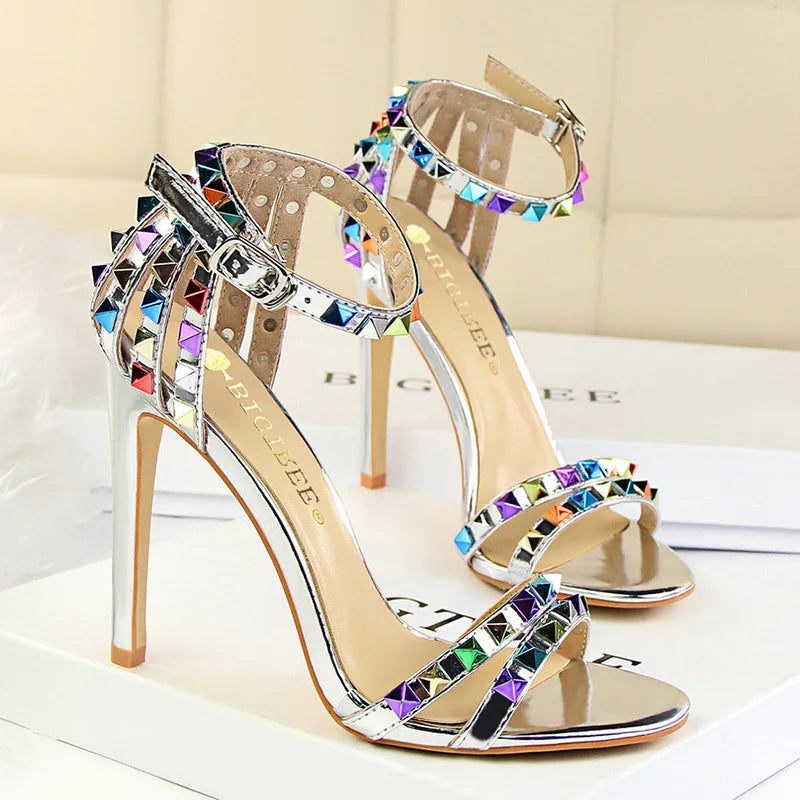 Y2K Fashion Rivet High Heels - Roman Style Stiletto Sandals for Grunge & Coquette Aesthetic