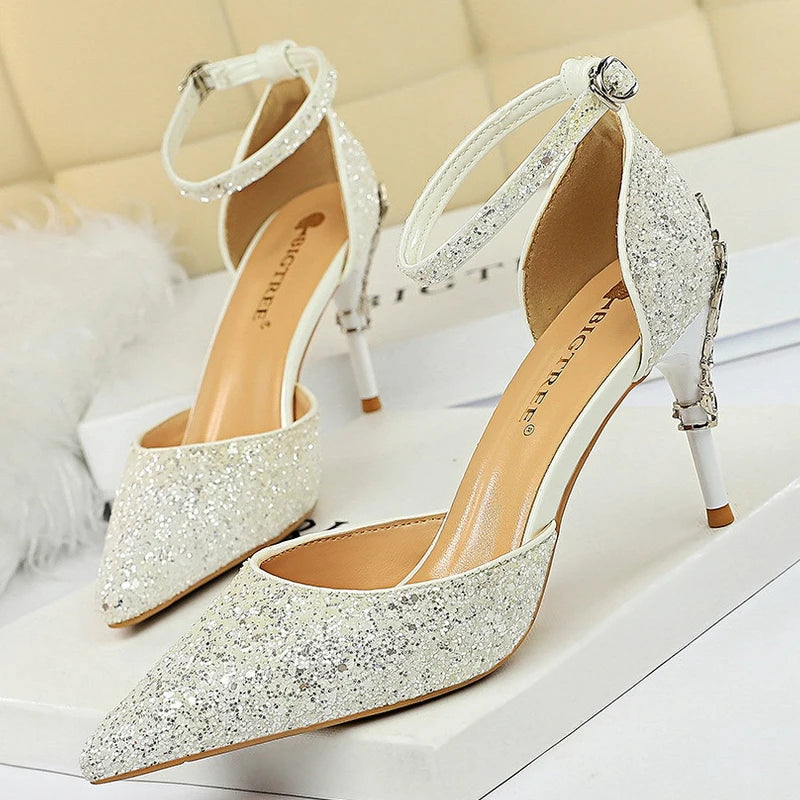 Y2K Fashion Sequin Wedding Pumps with Metal Decoration - Stylish Kitten Heels for Aesthetic Outfits