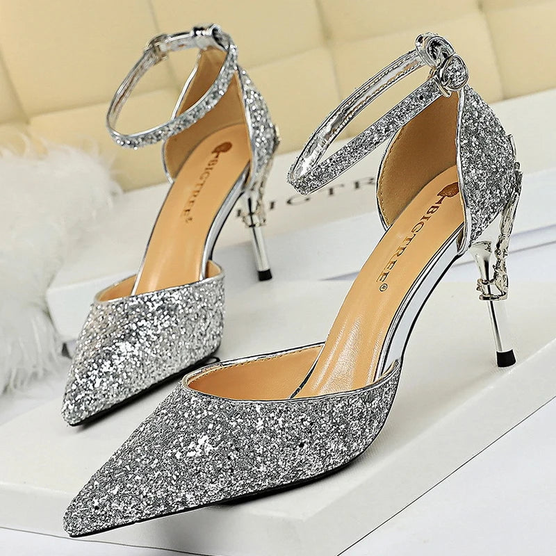 Y2K Fashion Sequin Wedding Pumps with Metal Decoration - Stylish Kitten Heels for Aesthetic Outfits