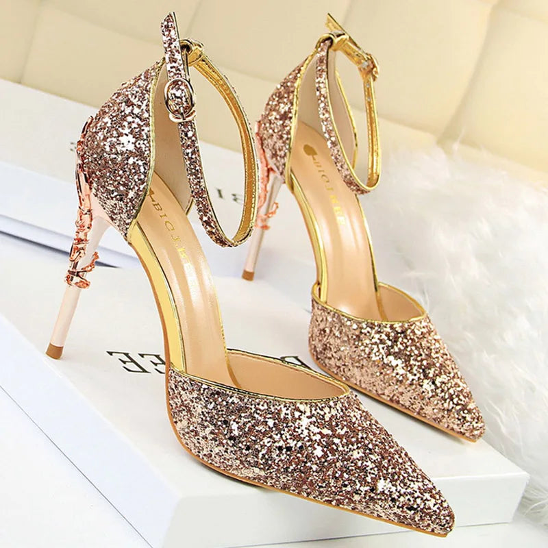 Y2K Fashion Sequined High Heels - Gold & Silver Stiletto Pumps for Grunge & Coquette Aesthetic