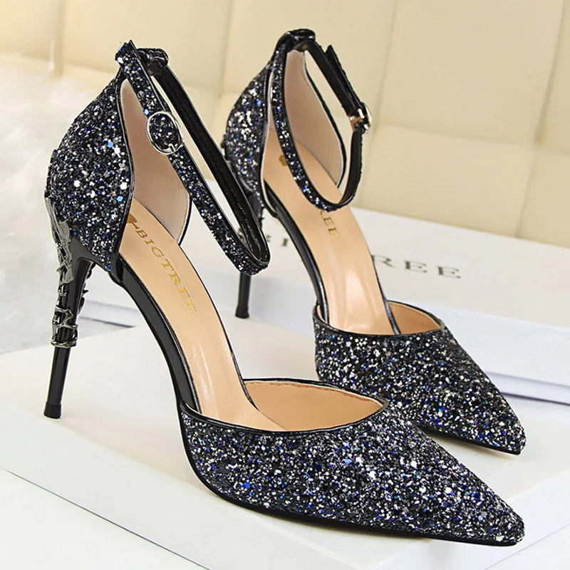 Y2K Fashion Sequined High Heels - Gold & Silver Stiletto Pumps for Grunge & Coquette Aesthetic