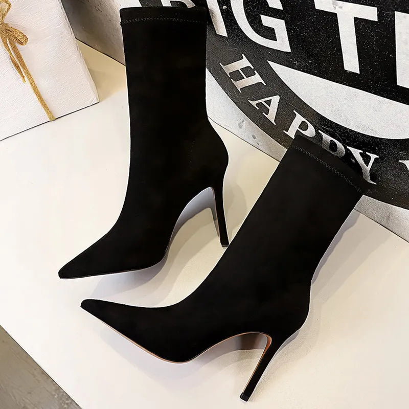 Y2K Fashion Sexy Mid-Calf Suede Stretch Socks Boots with High Heels for Fall Aesthetic