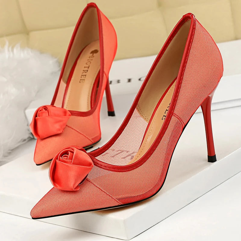 Y2K Fashion Sexy Party Rose Flower Pumps - Mesh Hollow High Heels for Grunge Aesthetic