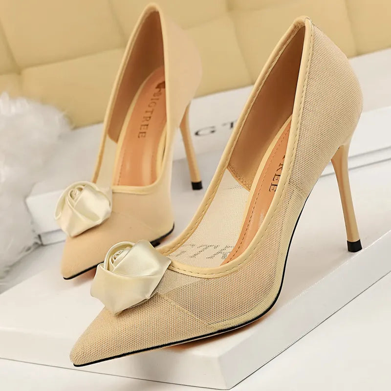 Y2K Fashion Sexy Party Rose Flower Pumps - Mesh Hollow High Heels for Grunge Aesthetic