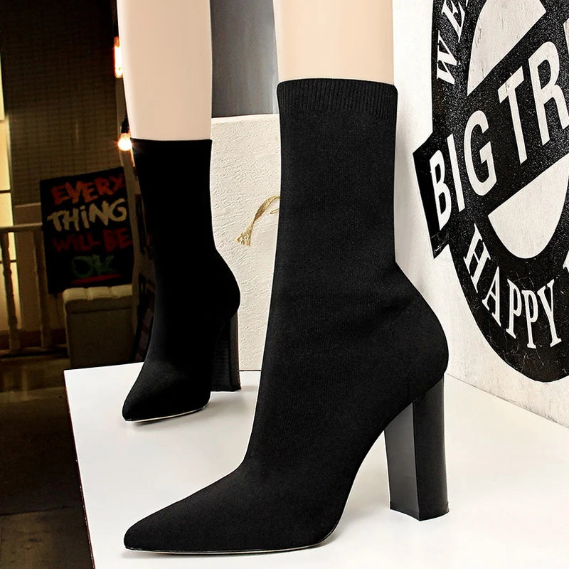 Y2K Fashion Sexy Stretch Mid-Calf Boots with Block Heels - Trendy Grunge Aesthetic Footwear