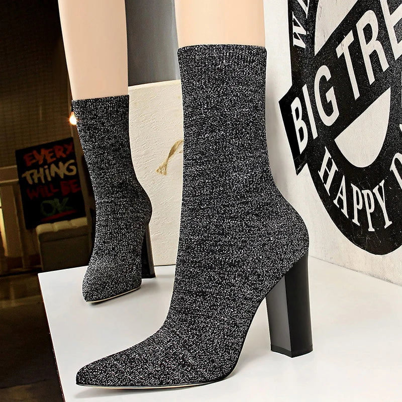Y2K Fashion Sexy Stretch Mid-Calf Boots with Block Heels - Trendy Grunge Aesthetic Footwear