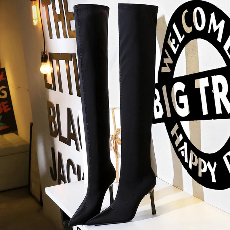 Y2K Fashion Slim Fitting Knee Length Boots - Sexy High Heels for Grunge & Coquette Aesthetic