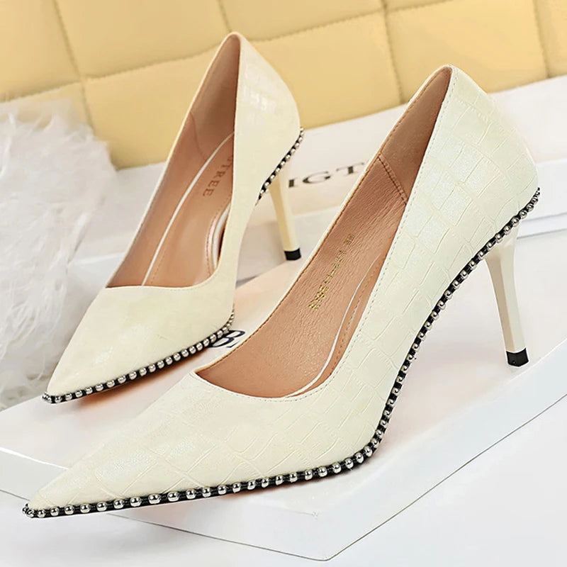 Y2K Fashion Stiletto Pumps with Metal Beads - Cute Kitten Heels for Coquette Aesthetic