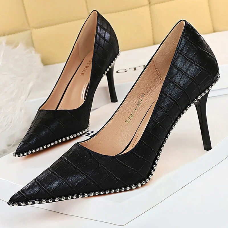 Y2K Fashion Stiletto Pumps with Metal Beads - Cute Kitten Heels for Coquette Aesthetic