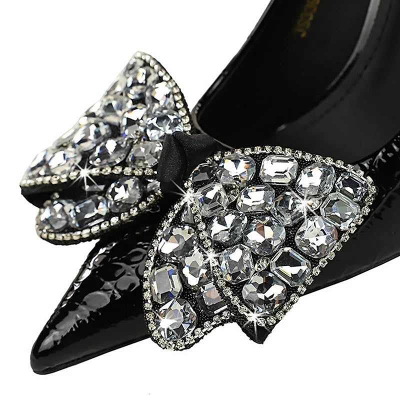 Y2K Fashion Stilettos: Pointed Pumps with Bowknot & Rhinestone Design for Chic Aesthetic