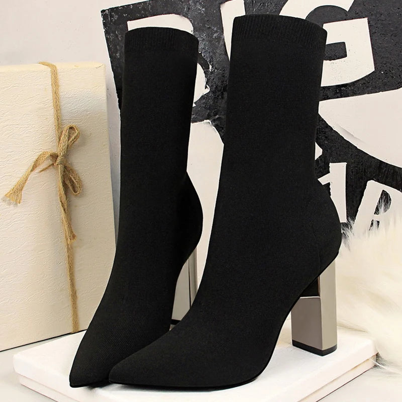 Y2K Fashion Women’s Elastic Sock Boots with Metal Block Heel - Sexy High-Heel Grunge Style