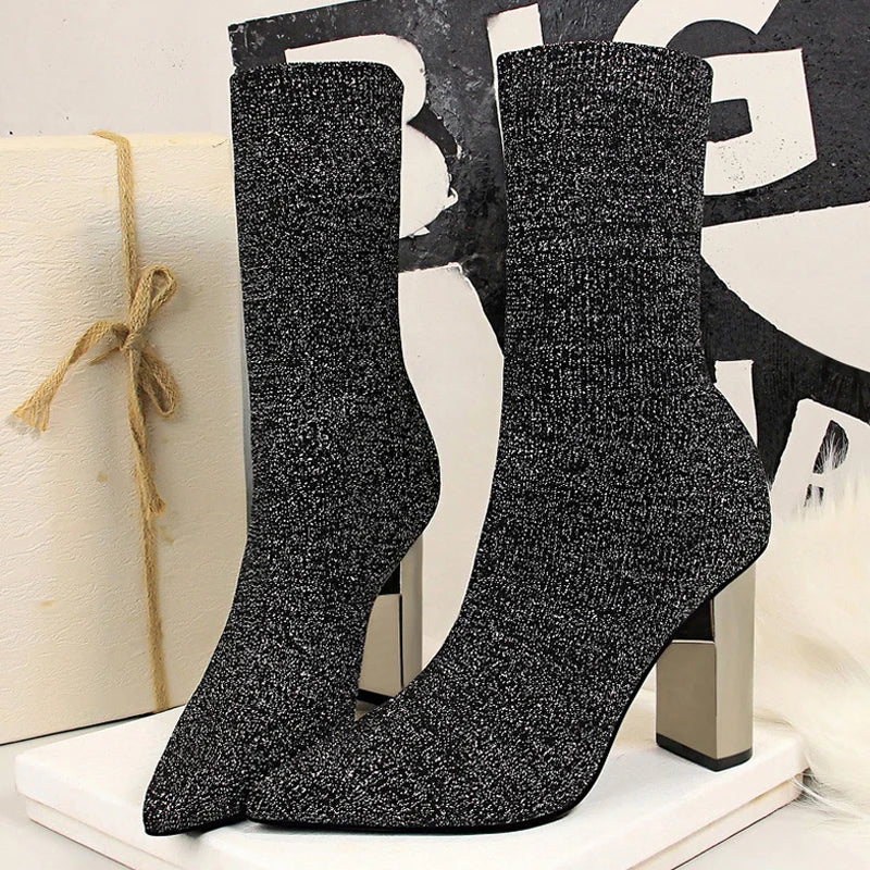 Y2K Fashion Women’s Elastic Sock Boots with Metal Block Heel - Sexy High-Heel Grunge Style