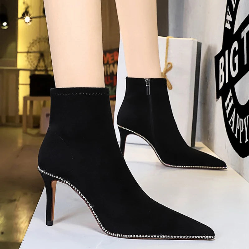 Y2K Rhinestone Stiletto Boots - Sexy Suede High-Heel Footwear for Grunge & Coquette Aesthetic