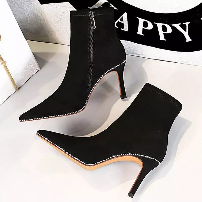 Y2K Rhinestone Stiletto Boots - Sexy Suede High-Heel Footwear for Grunge & Coquette Aesthetic
