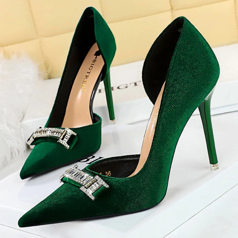 Y2K Rhinestone Suede Heels - Chic Pointed Pumps for Grunge, Coquette, and Aesthetic Styles