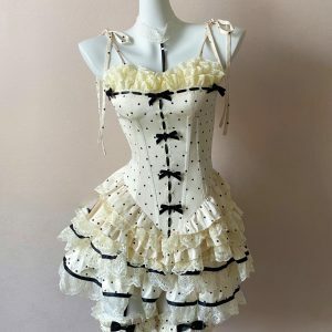 Y2K Vintage Polka Dot Corset Set - Cute Tops for Coquette Aesthetic & Grunge Style