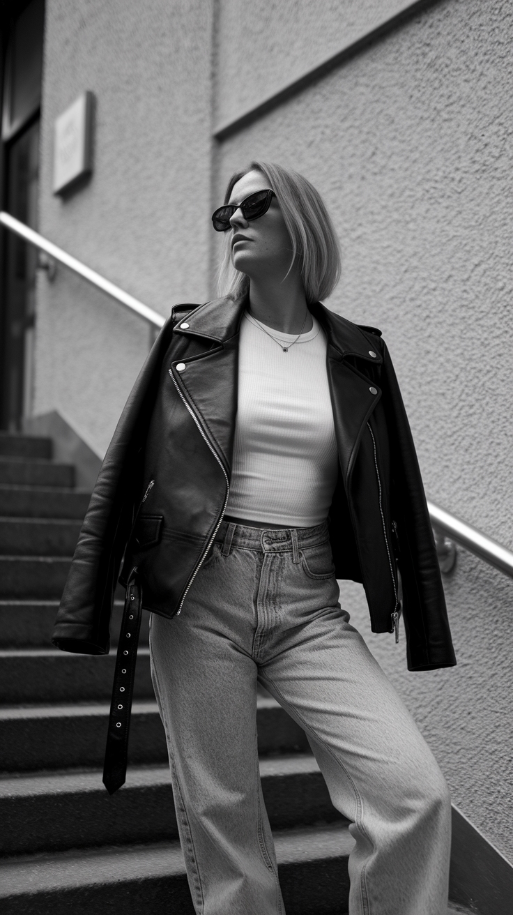 black leather jacket outfit idea