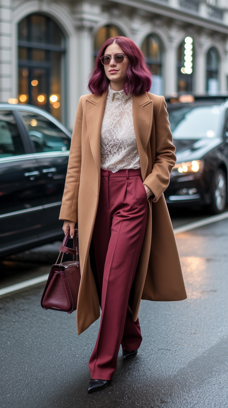burgundy hair outfit idea