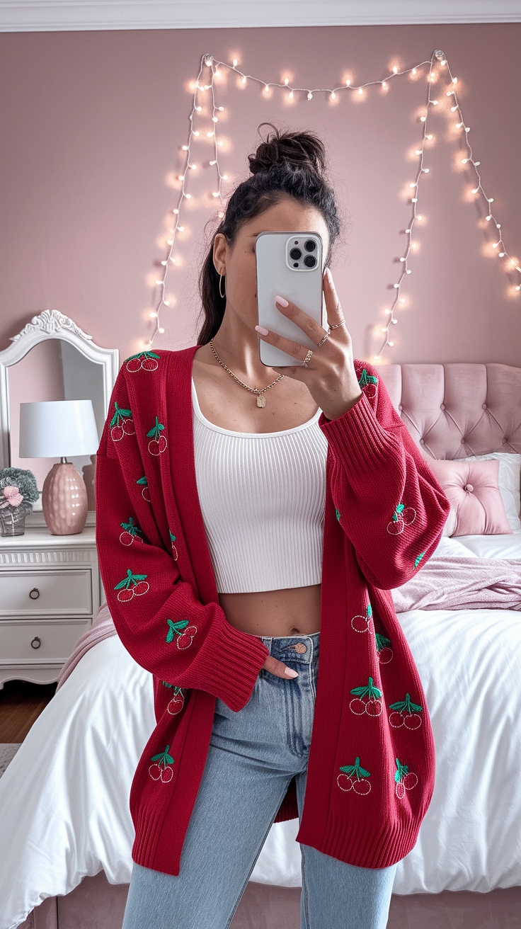 cherry cardigan outfit idea