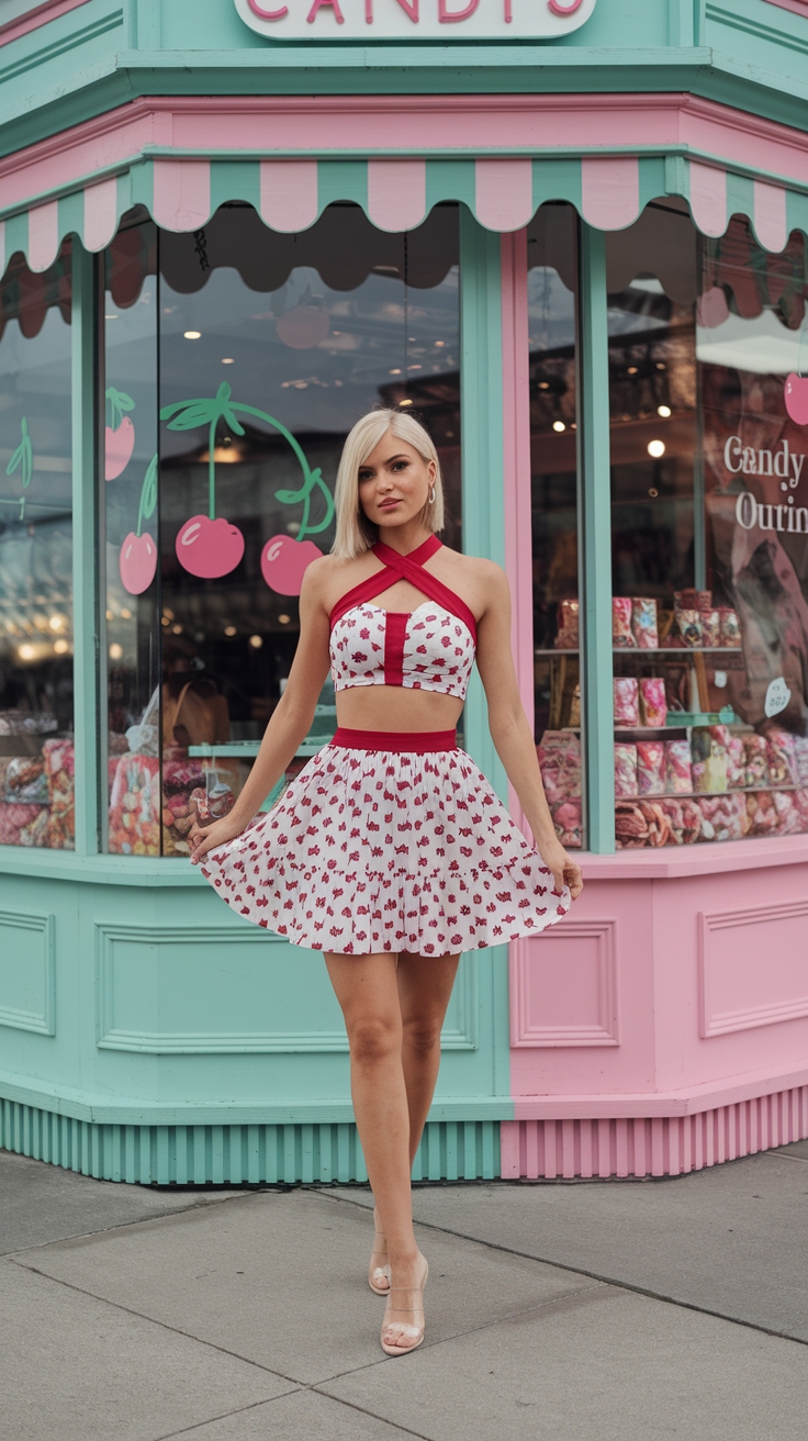 cherry print outfit idea