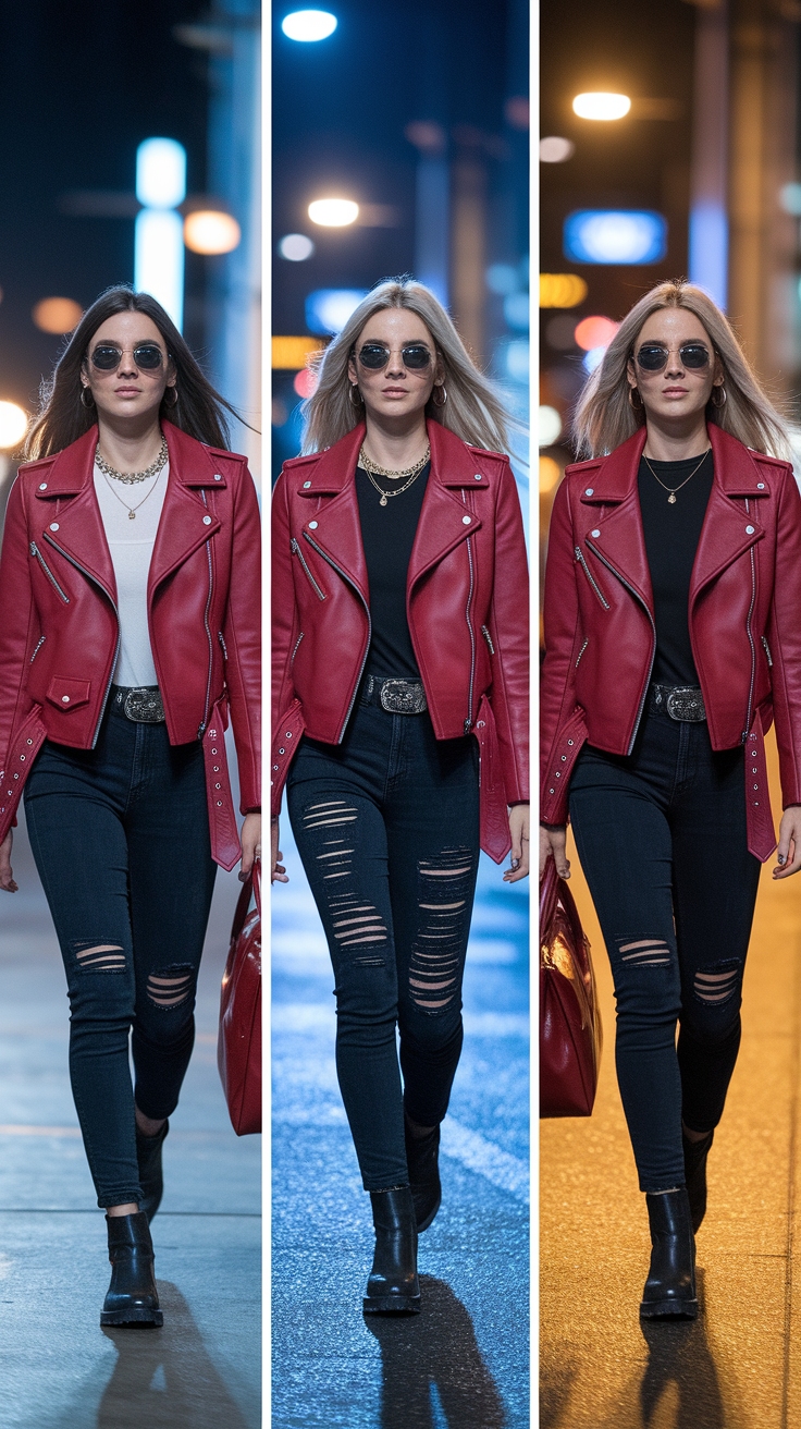 red biker jacket outfits idea