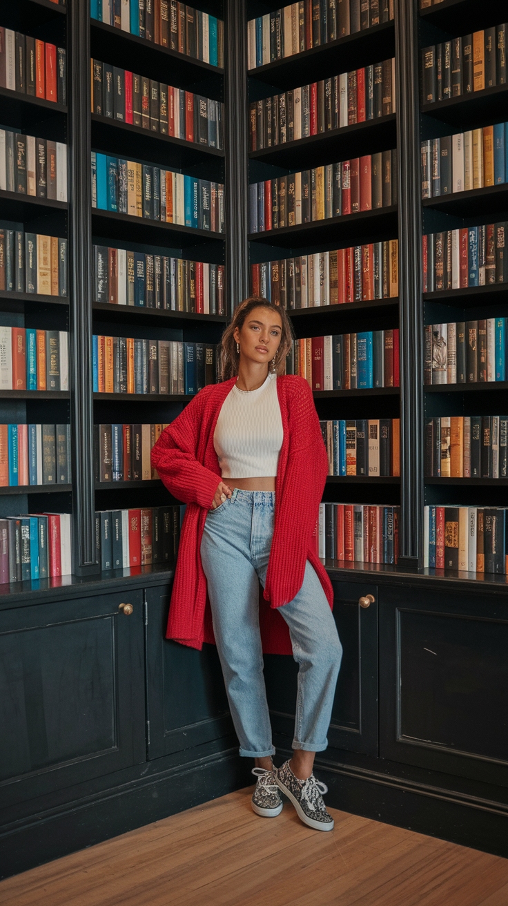 red cardigan outfit idea