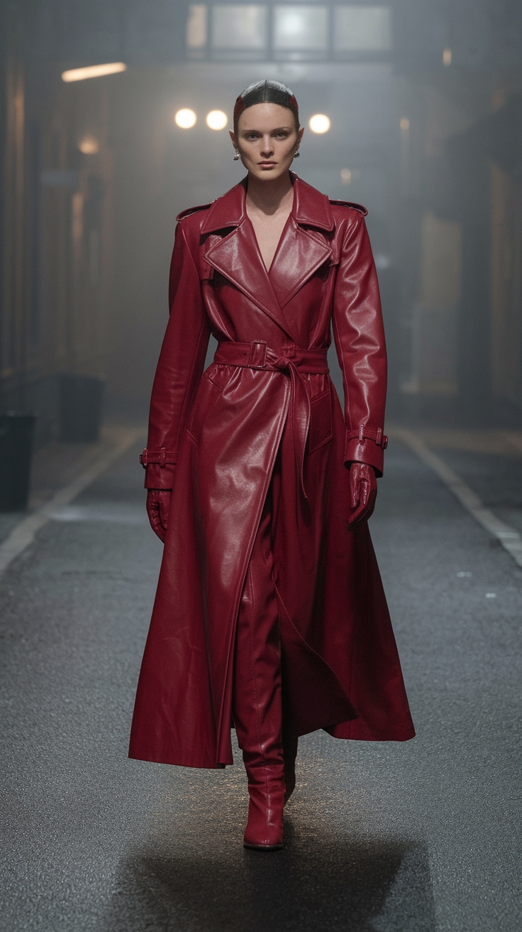 red leather coat outfit idea