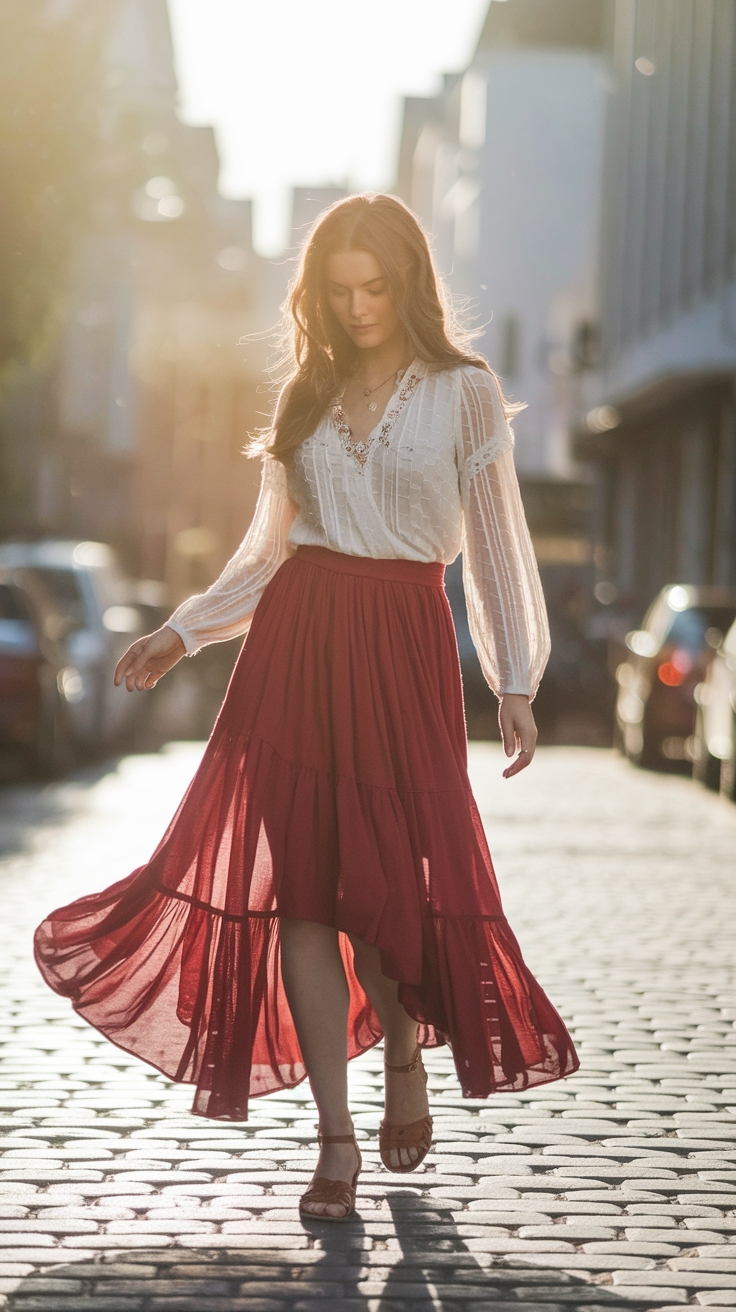 red maxi skirt outfit idea