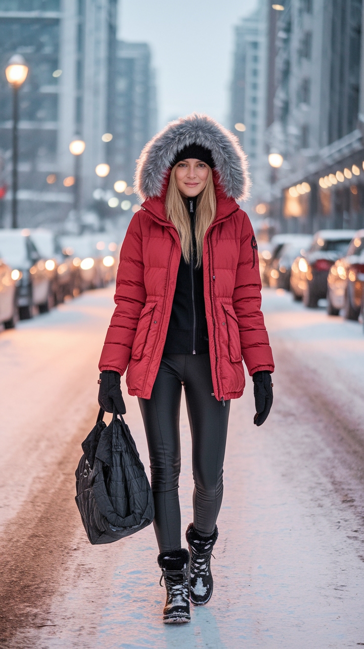red winter jacket outfit idea